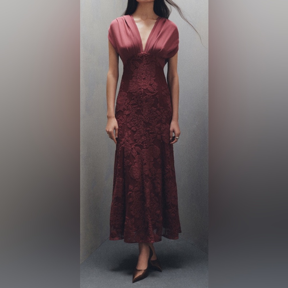 Lela Rose Deep Red Lace Maxi Dress